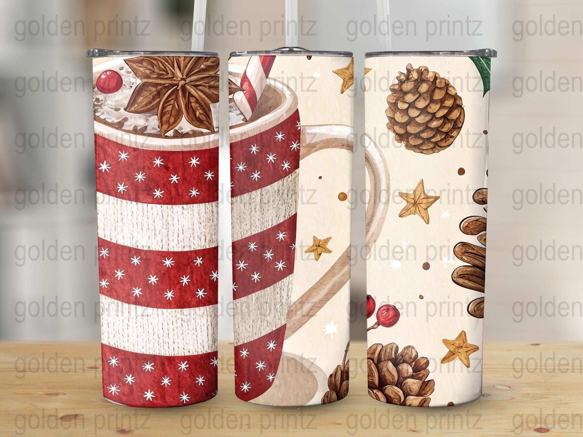 Christmas Tumbler Set, Holiday Spice Designs, Star and Pinecone Motifs, Insulated Drinkware