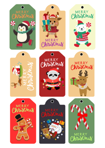 Christmas Gift Tags, Holiday Packaging Accessories, Festive Reindeer, Penguin, Candy Cane Designs