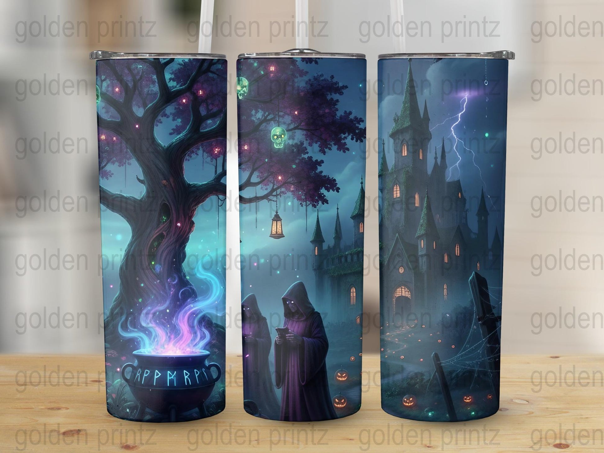 Enchanted Forest Tumbler, Spooky Tree Magic Design, Wizard and Castle Stainless Steel Cup, Unique Gift Idea