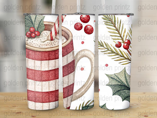 Holiday Tumbler Set, Christmas Striped Candy Cane and Holly Berry Design, 20 oz Insulated Drinkware
