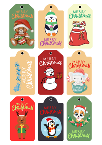 Christmas Gift Tags Assorted Pack, Holiday Penguin, Santa, Reindeer, Festive Animal Designs, Set of 9