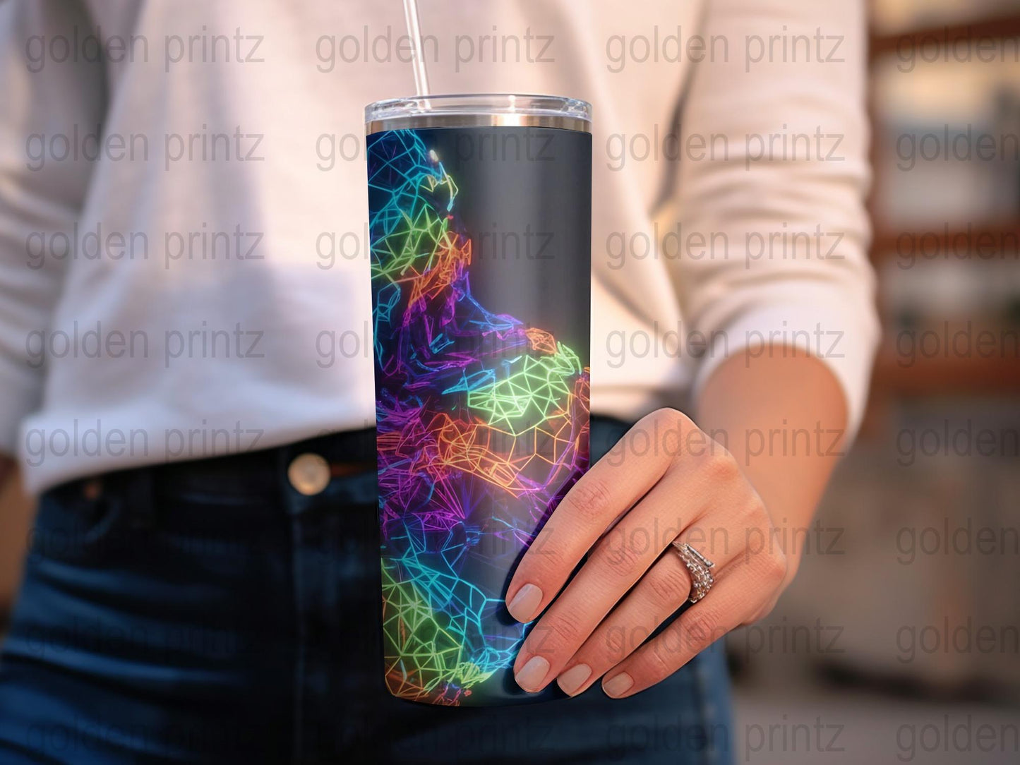 Colorful Geometric Wolf Tumbler, Insulated Travel Cup, Unique Animal Design Drinkware for Gift