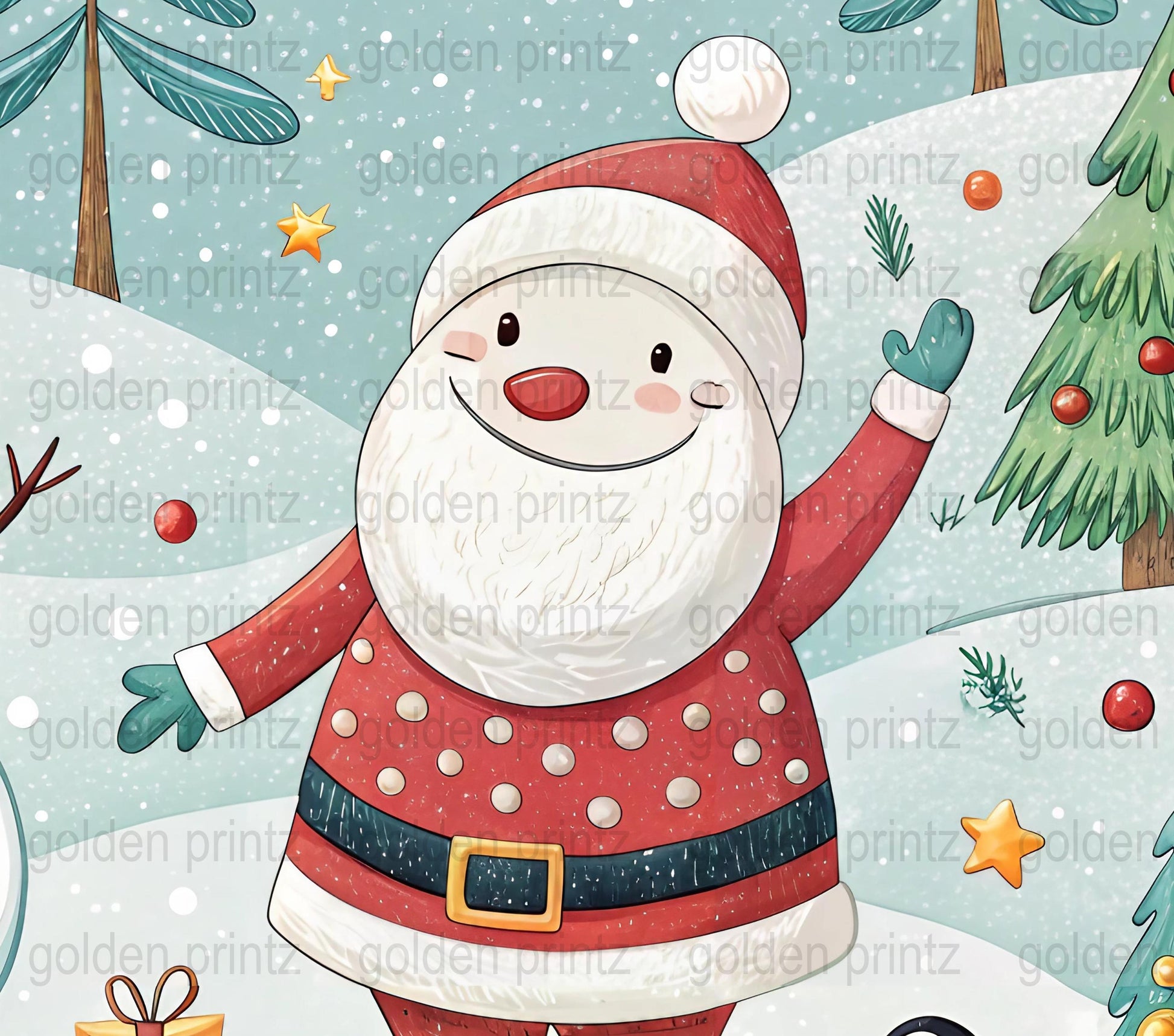Cute Santa Claus Illustration Christmas Decor, Festive Winter Art Print, Holiday Wall Hanging, Snowy Scene with Trees and Stars