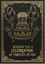 Happy Birthday Timeless Celebration Black Gold Art Print, Elegant Birthday Cake and Balloons Poster