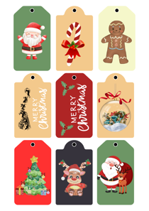 Set of 8 Unique Christmas Gift Tags, Festive Holiday Designs, Santa, Reindeer, Gingerbread Man