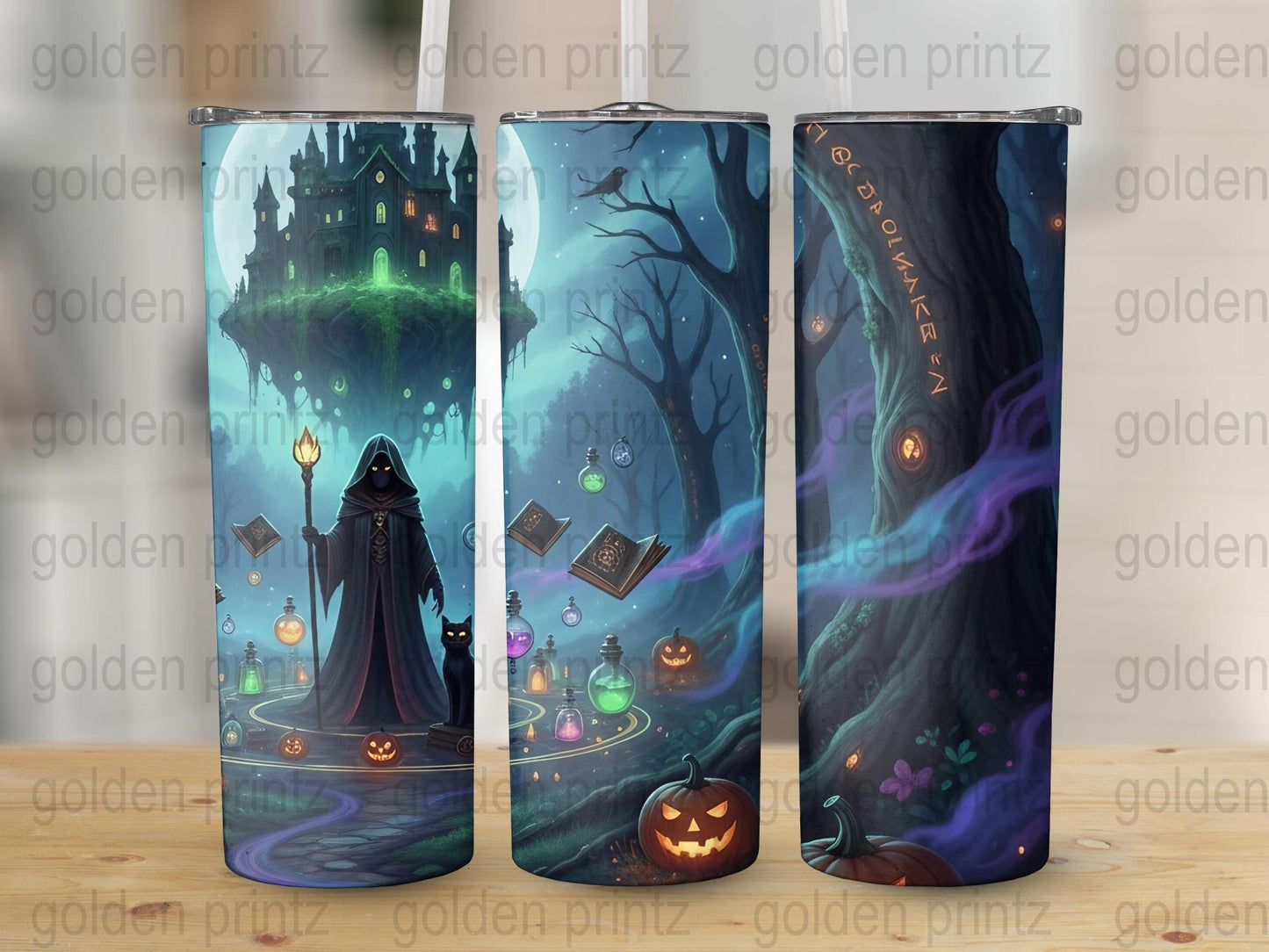 Gothic Halloween Tumblers, Spooky Castle, Witch and Pumpkins, Stainless Steel Insulated Drinkware Set