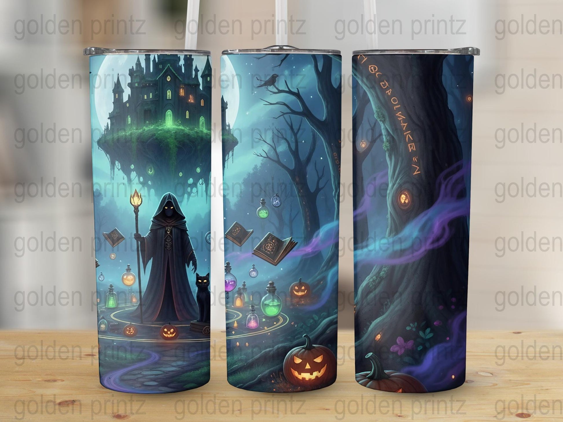 Gothic Halloween Tumblers, Spooky Castle, Witch and Pumpkins, Stainless Steel Insulated Drinkware Set