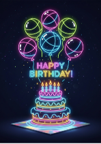 Neon Glow Birthday Poster, Colorful Party Balloons and Cake, Happy Birthday Wall Art Decor, Vibrant Celebration Print