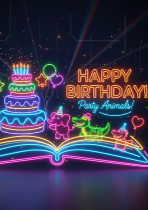 Neon Happy Birthday Sign, LED Party Animals Wall Art, Vibrant Cake and Balloons Decor