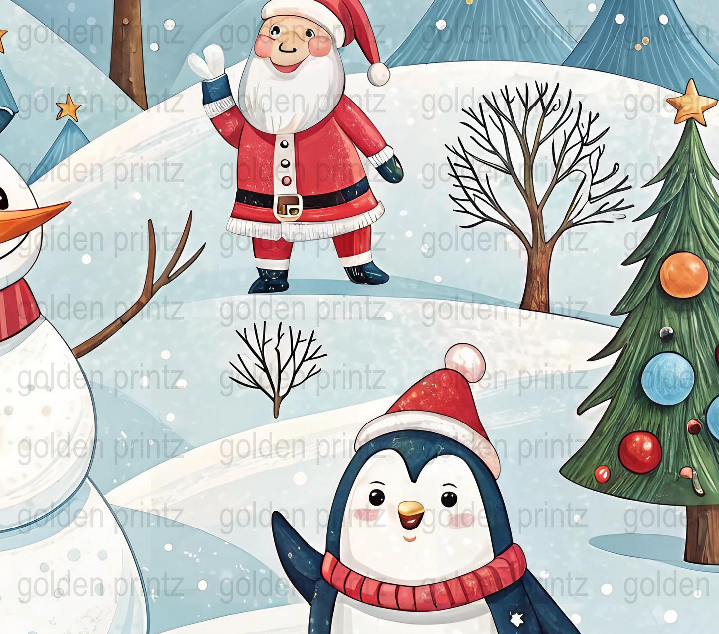 Christmas Scene Wall Art, Santa Claus and Penguin in Snowy Landscape, Festive Holiday Decor Print
