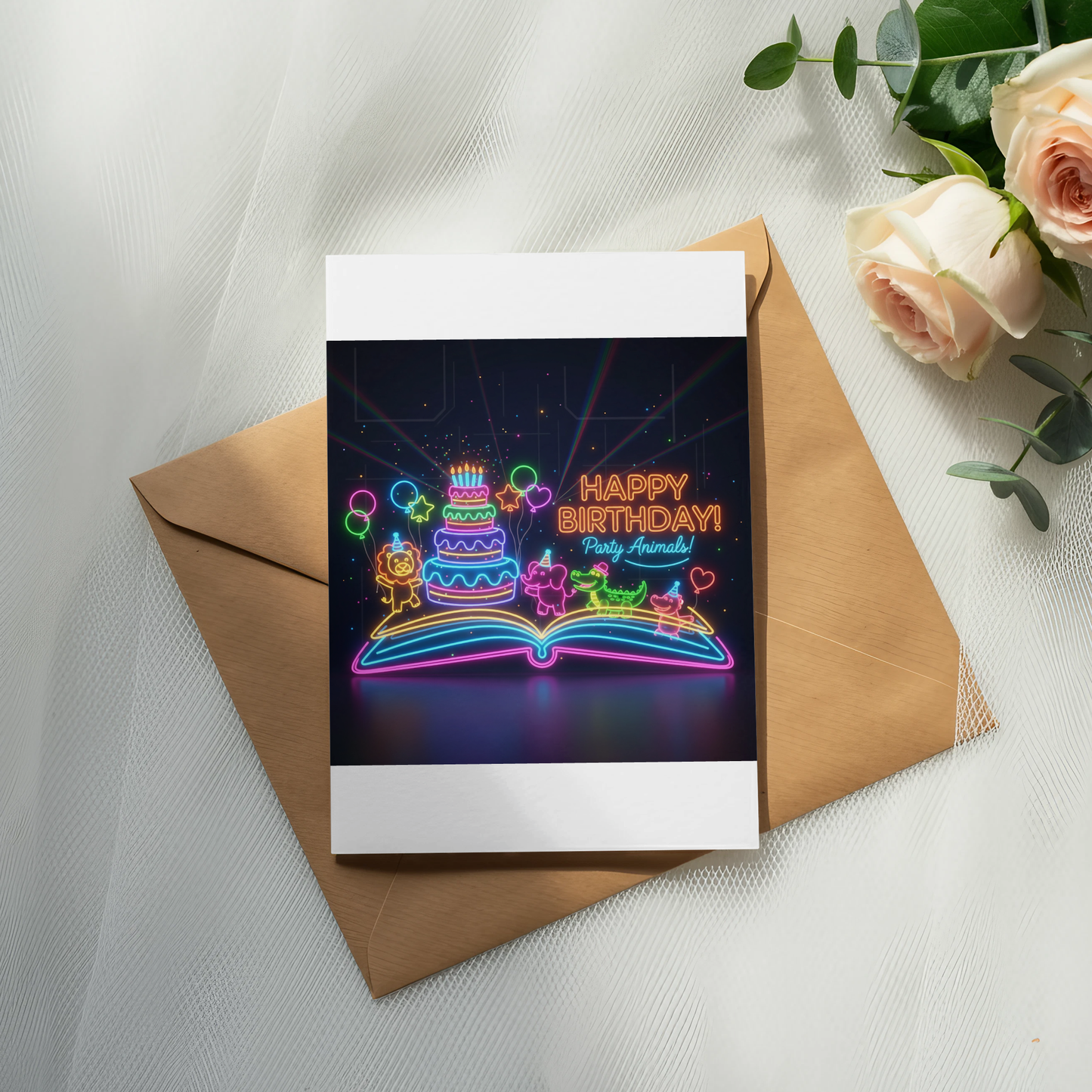 Neon Glow Birthday Card, Colorful LED Light Cake Design, Happy Birthday Greeting, Unique Party Card with Envelope