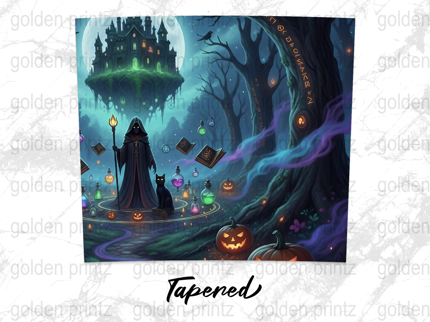Enchanted Forest Halloween Art Print, Spooky Castle, Witch, Pumpkins, Fantasy Wall Decor